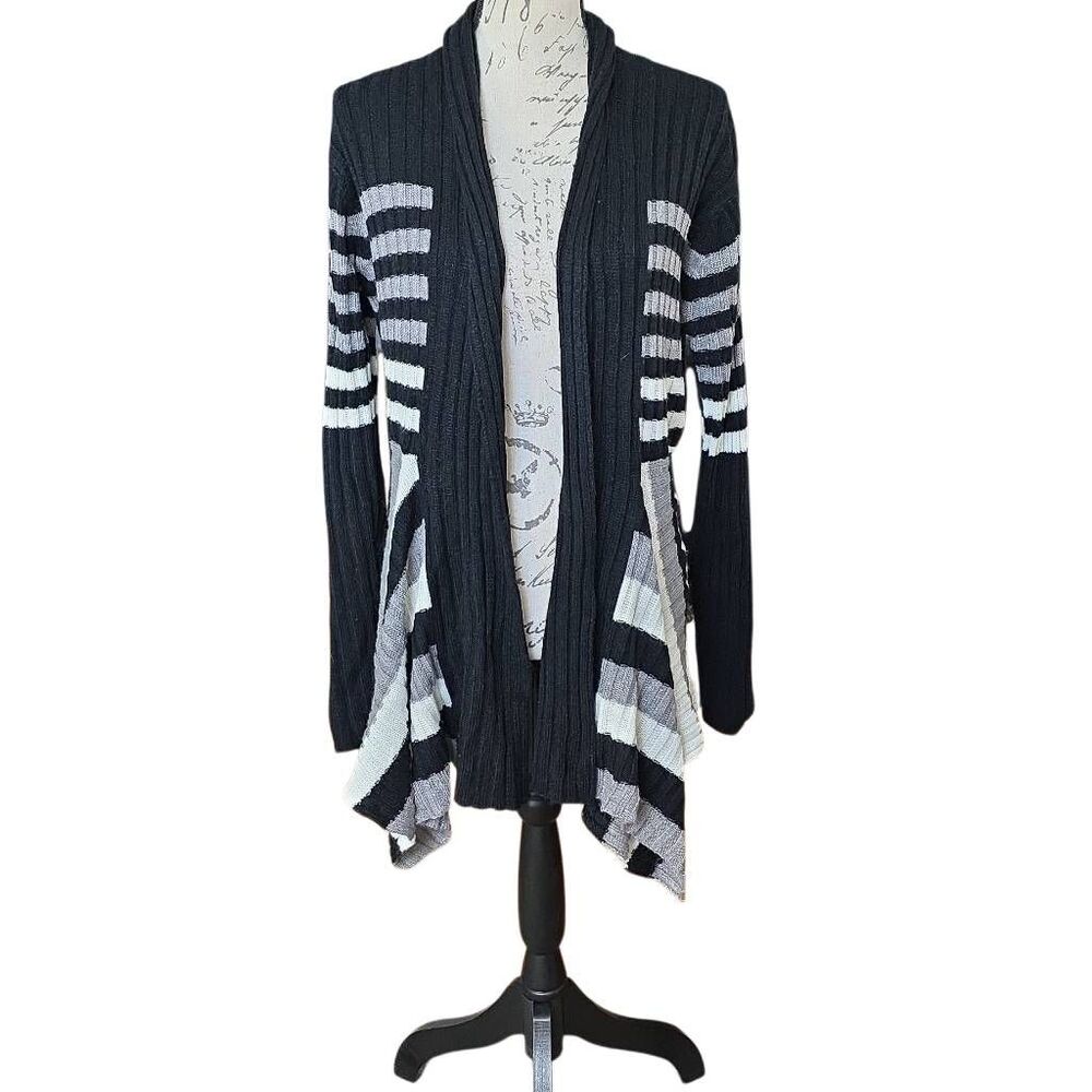 Evelyn Taylor Women's Size Large Black White Gray Open Cardigan Sweater
